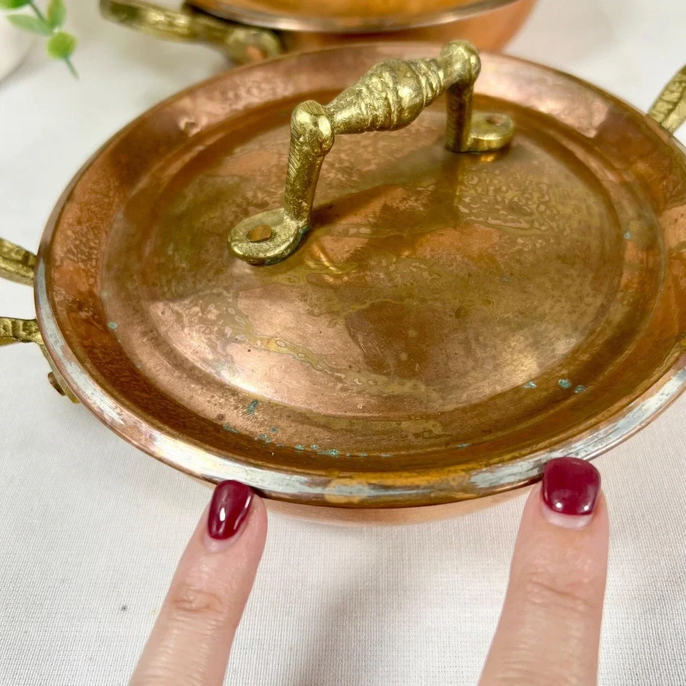 Old Vintage Copper Pans Skillets with Brass Handles